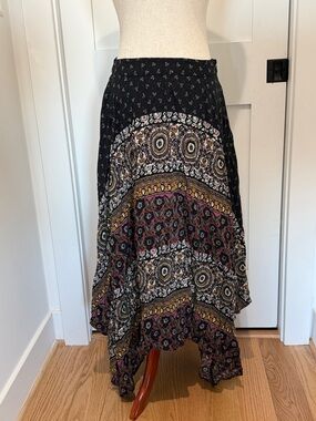 Boho Printed Black Multi-Color Midi Skirt